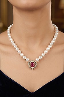 18kt Gold Finish Pearl & Ruby Stone Pendant Necklace
