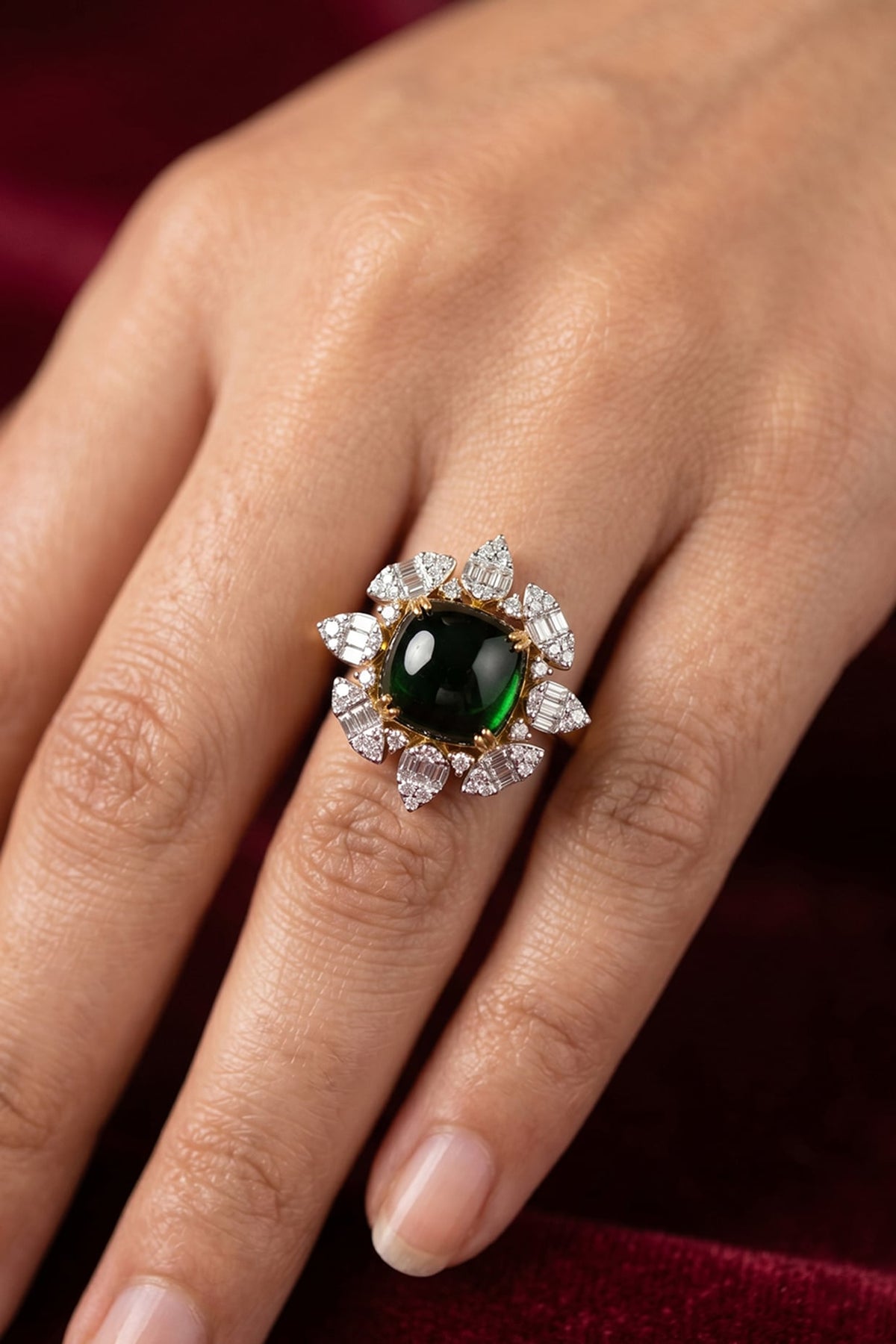18kt Gold Finish Diamond & Emerald Stone Floral Ring