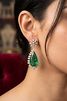 14kt Gold Finish Diamond & Emerald Stone Dangler Earrings