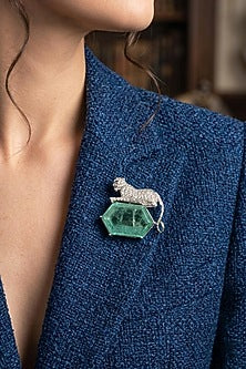 14kt Gold Finish Diamond & Emerald Stone Jaguar Brooch