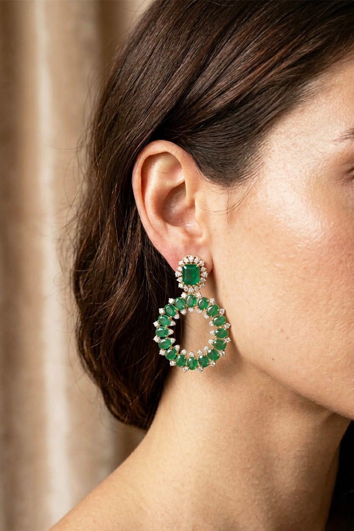 18kt Gold Finish Diamond & Emerald Stone Dangler Earrings