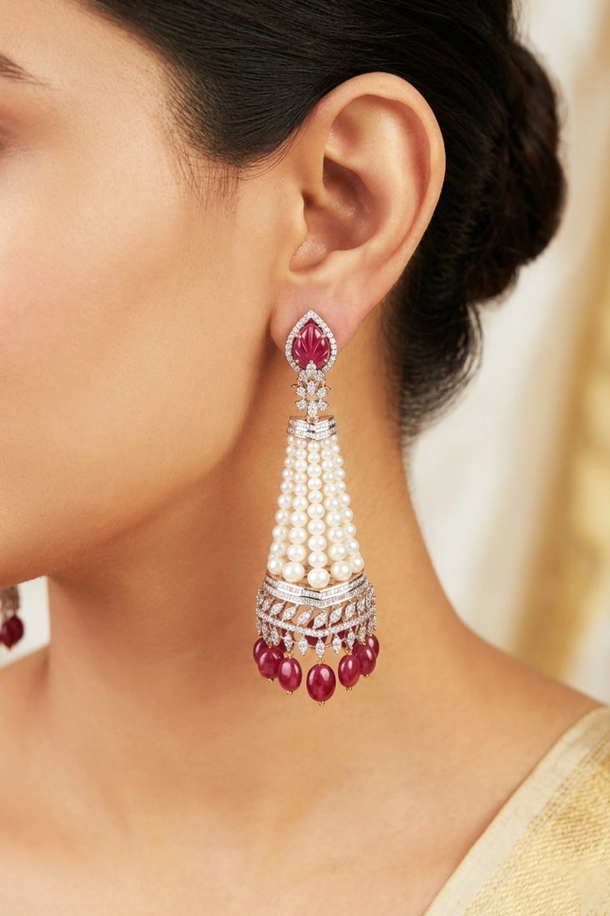 14kt Gold Finish Pearl & Ruby Stone Dangler Earrings