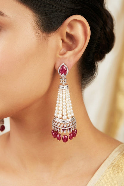 14kt Gold Finish Pearl & Ruby Stone Dangler Earrings