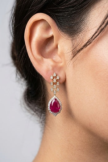 14kt Gold Finish Diamond & Ruby Stone Dangler Earrings
