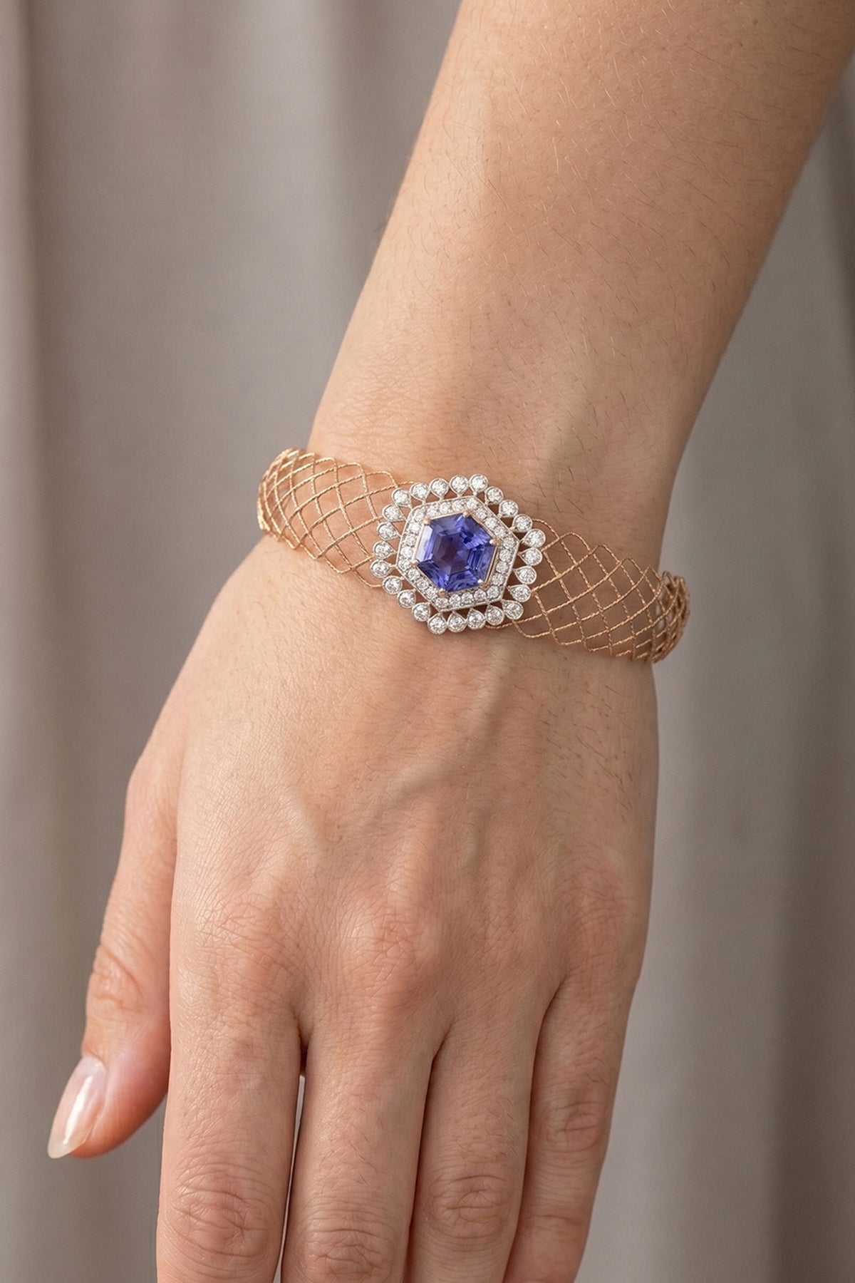 14kt Rose Gold Finish Diamond & Blue Sapphire Bracelet