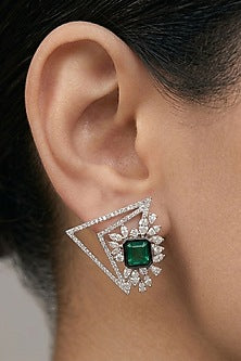 14kt White Finish Diamond & Emerald Green Stone Triangular Earrings