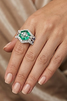 14kt White Finish Emerald Green Stone & Diamond Ring