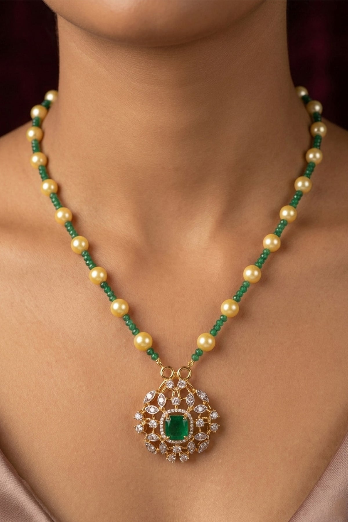 14kt Gold Finish Pearl & Emerald Stone Pendant Necklace