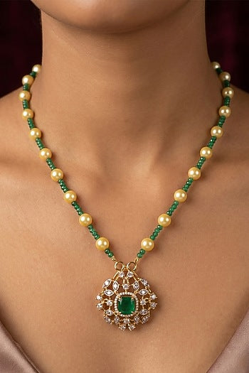 14kt Gold Finish Pearl & Emerald Stone Pendant Necklace