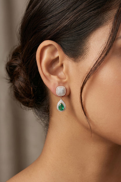 14kt Gold Finish Diamond & Emerald Stone Dangler Earrings