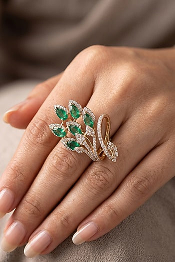 14kt Gold Finish Emerald Green Stone & Diamond Ring