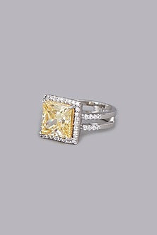 White Finish Canary Yellow Stone Ring In Sterling Silver