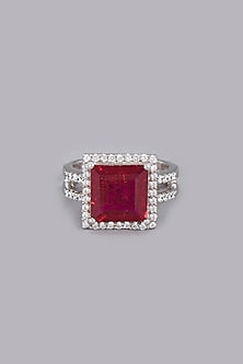 White Finish Red Synthetic Stone Ring In Sterling Silver