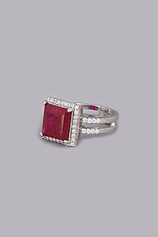 White Finish Red Synthetic Stone Ring In Sterling Silver