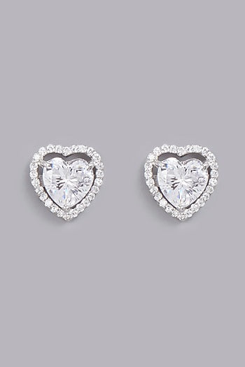 White Finish Heart Stud Earrings In Sterling Silver