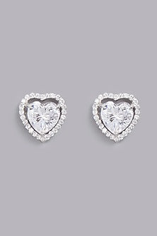 White Finish Heart Stud Earrings In Sterling Silver
