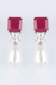White Finish Ruby Synthetic Earrings In Sterling Silver