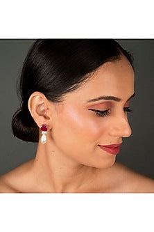 White Finish Ruby Synthetic Earrings In Sterling Silver