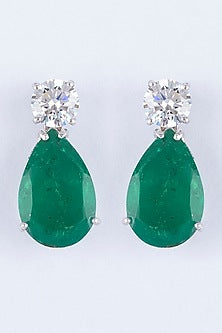 White Finish Emerald Dangler Earrings In Sterling Silver