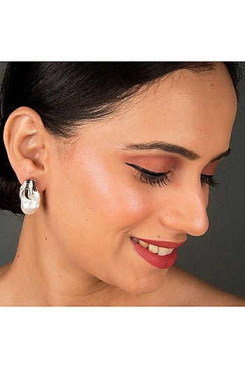 White Finish Baroque Pearl Dangler Earrings In Sterling Silver