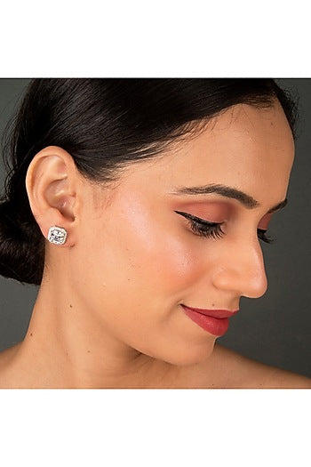 White Finish Stud Earrings With Zircons In Sterling Silver