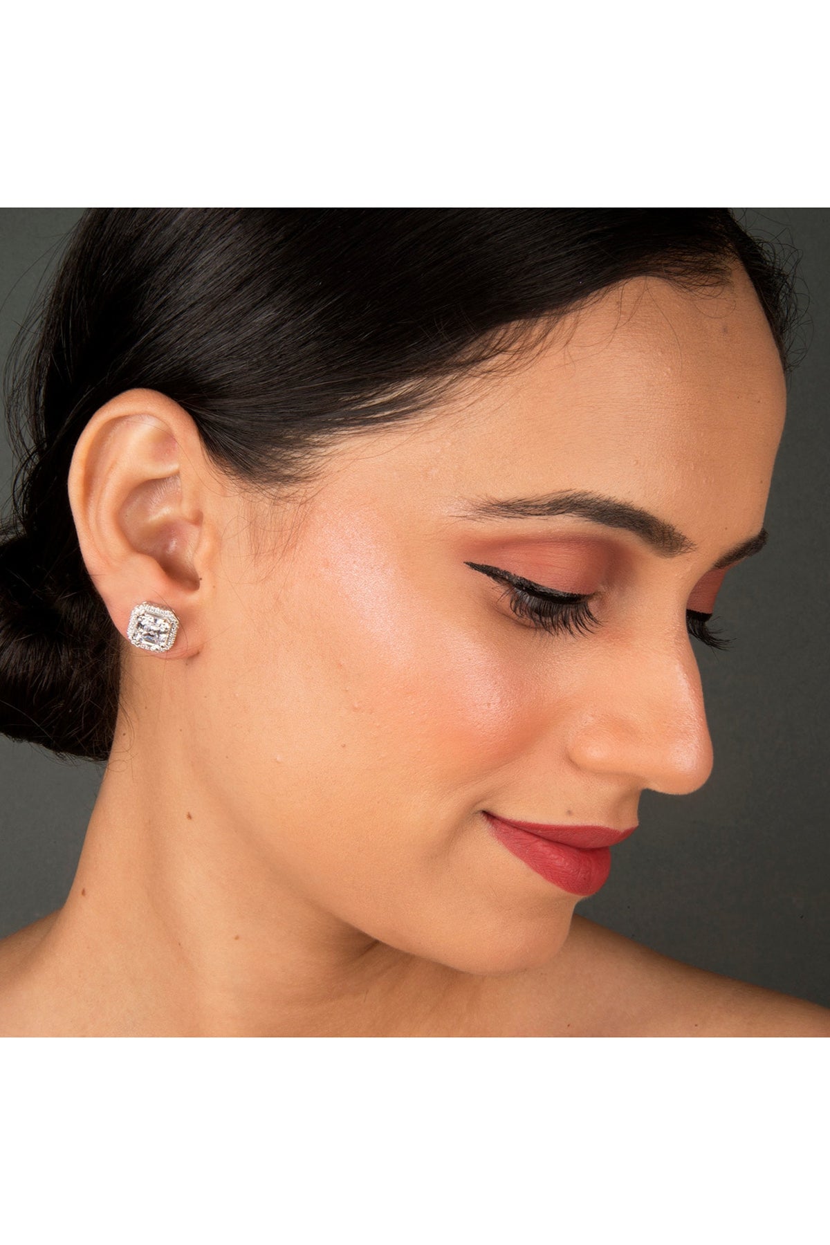 White Finish Stud Earrings With Zircons In Sterling Silver