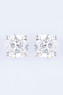 White Finish Cushion-Cut Zircon Stud Earrings In Sterling Silver