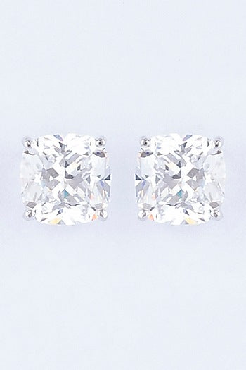 White Finish Cushion-Cut Zircon Stud Earrings In Sterling Silver