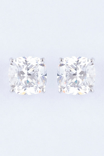 White Finish Cushion-Cut Zircon Stud Earrings In Sterling Silver