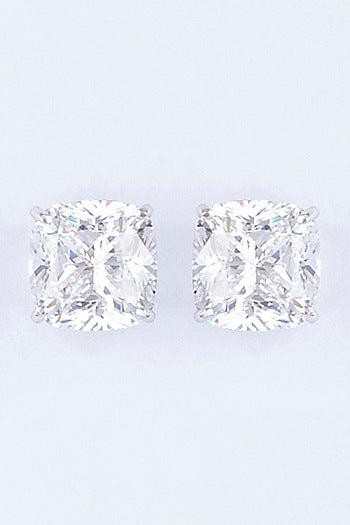White Finish Stud Earrings With Cushion-Cut Zircon In Sterling Silver