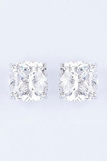 White Finish Stud Earrings With Cushion-Cut Zircon In Sterling Silver