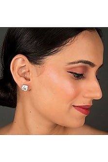 White Finish Stud Earrings With Cushion-Cut Zircon In Sterling Silver