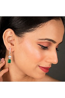 White Finish Emerald Dangler Earrings In Sterling Silver