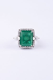 White Finish Green Emerald Ring In Sterling Silver