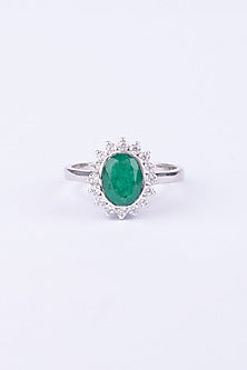 White Finish Emerald & Zircon Ring In Sterling Silver