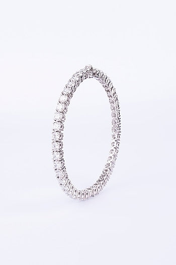 White Finish Round Zircon Bangle In Sterling Silver