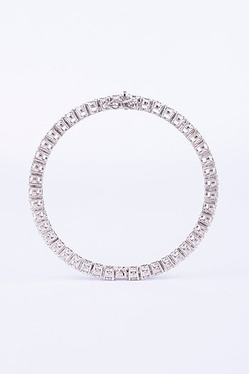 White Finish Round Zircon Bangle In Sterling Silver