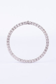 White Finish Round Zircon Bangle In Sterling Silver