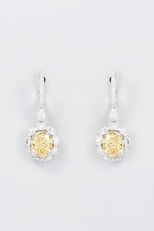 White Finish Zircon & Synthetic Yellow Stone Dangler Earrings In Sterling Silver