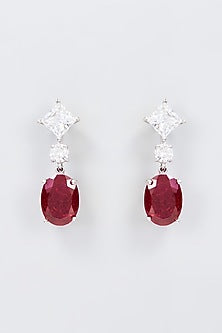 White Finish Zircon & Synthetic Red Stone Dangler Earrings In Sterling Silver