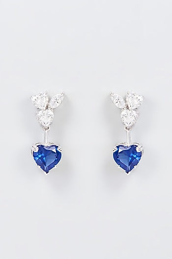White Finish Zircon & Synthetic Blue Stone Dangler Earrings In Sterling Silver