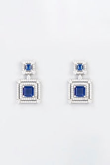 White Finish Zircon & Synthetic Blue Stone Dangler Earrings In Sterling Silver