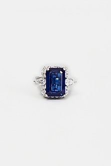 White Finish Zircon & Synthetic Blue Stone Ring In Sterling Silver