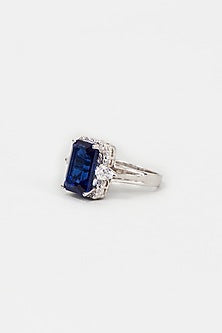 White Finish Zircon & Synthetic Blue Stone Ring In Sterling Silver