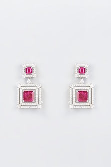 White Finish Zircon & Synthetic Red Stone Dangler Earrings In Sterling Silver