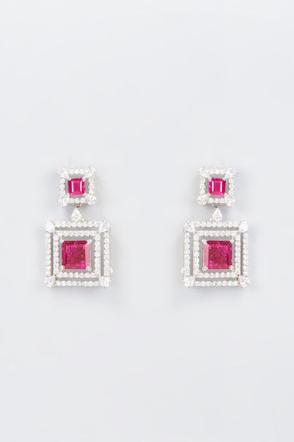 White Finish Zircon & Synthetic Red Stone Dangler Earrings In Sterling Silver