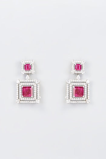 White Finish Zircon & Synthetic Red Stone Dangler Earrings In Sterling Silver