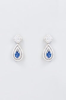 White Finish Zircon & Synthetic Blue Stone Dangler Earrings In Sterling Silver