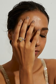 White Finish Zircon & Synthetic Yellow Stone Ring In Sterling Silver