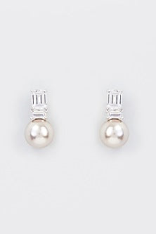 White Finish Zircon & Shell Pearl Dangler Earrings In Sterling Silver